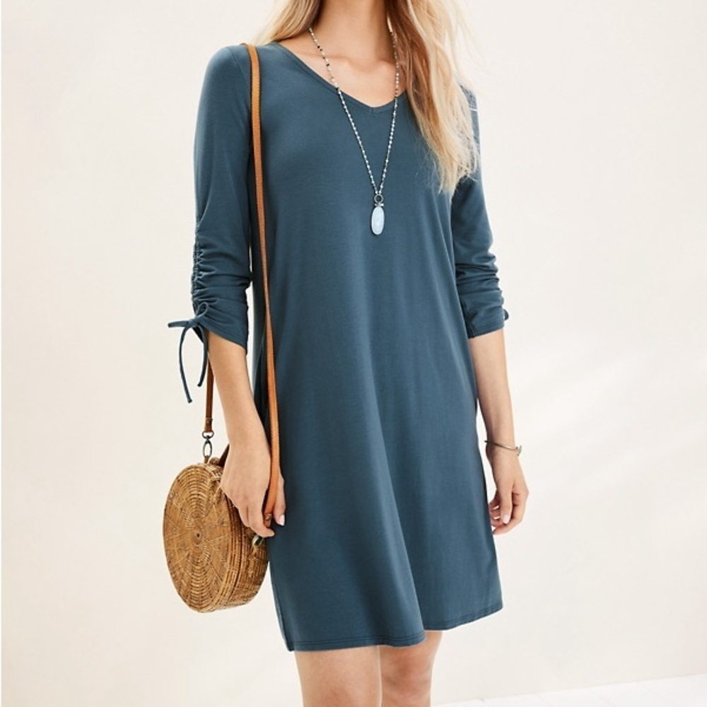 Garnet Hill V-Neck Tie-Sleeve Dress Tencel Jersey XS Peacock Blue